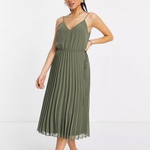 ASOS DESIGN Petite pleated cami midi dress with drawstring waist in khaki